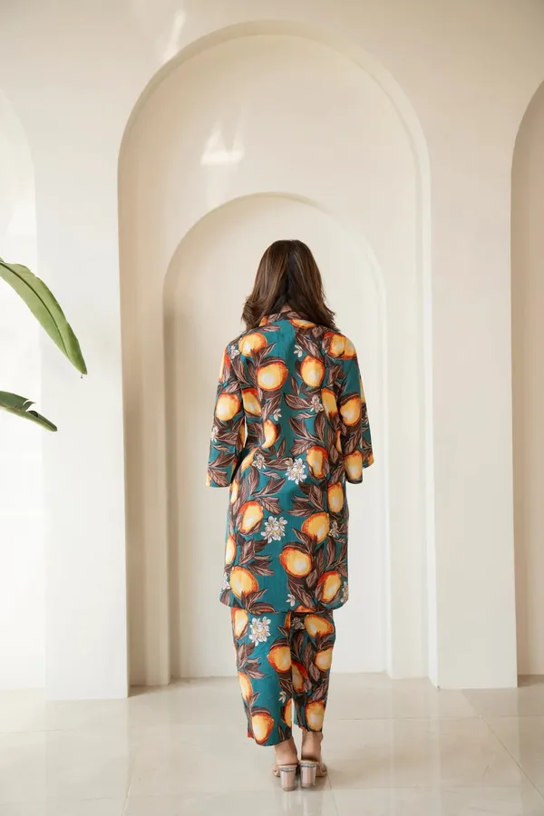 Teal-Green_&_Cyprus-Orange_floral_Cotton_Blend_Co-ord_Set_For_Women