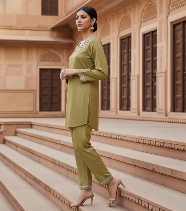 Olive_Green_Cotton_Blend_Kurti_Pant_Set_For_Women