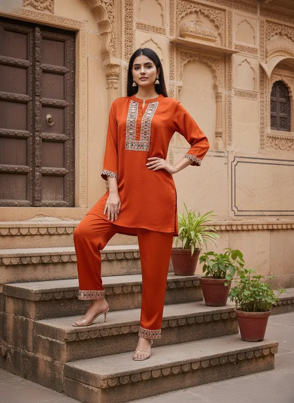 Orange_Cotton_Blend_Kurta_Set_For_Women