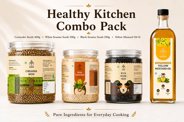 Neemsar_Healthy_Kitchen_Combo_Pack_|_Coriander_Seeds_400g_+_White_Sesame_Seeds_250g_+_Black_Sesame_Seeds_250g_+_Wood_Pressed_Yellow_Mustard_Oil_1L_|_Natural_Cooking_Essentials