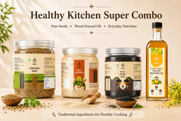 Neemsar_Healthy_Kitchen_Combo_Pack_|_Coriander_Seeds_400g_+_White_Sesame_Seeds_250g_+_Black_Sesame_Seeds_250g_+_Wood_Pressed_Yellow_Mustard_Oil_1L_|_Natural_Cooking_Essentials