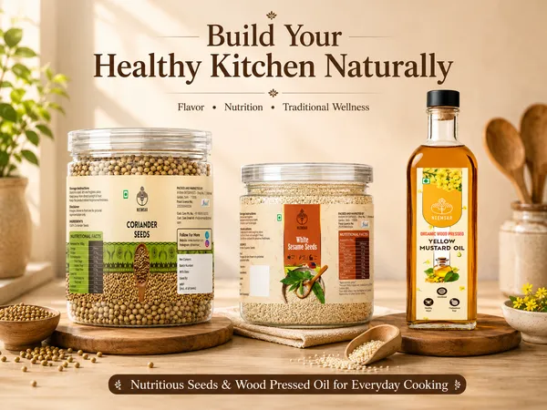 Neemsar_Healthy_Kitchen_Combo_|_Coriander_Seeds_400g_+_White_Sesame_Seeds_250g_+_Wood_Pressed_Yellow_Mustard_Oil_1L_|_Natural_Cooking_Essentials_|_Pure_Seeds_&_Traditional_Oil