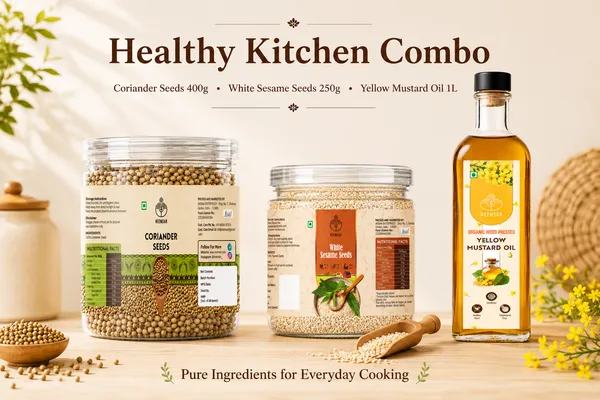 Neemsar_Healthy_Kitchen_Combo_|_Coriander_Seeds_400g_+_White_Sesame_Seeds_250g_+_Wood_Pressed_Yellow_Mustard_Oil_1L_|_Natural_Cooking_Essentials_|_Pure_Seeds_&_Traditional_Oil