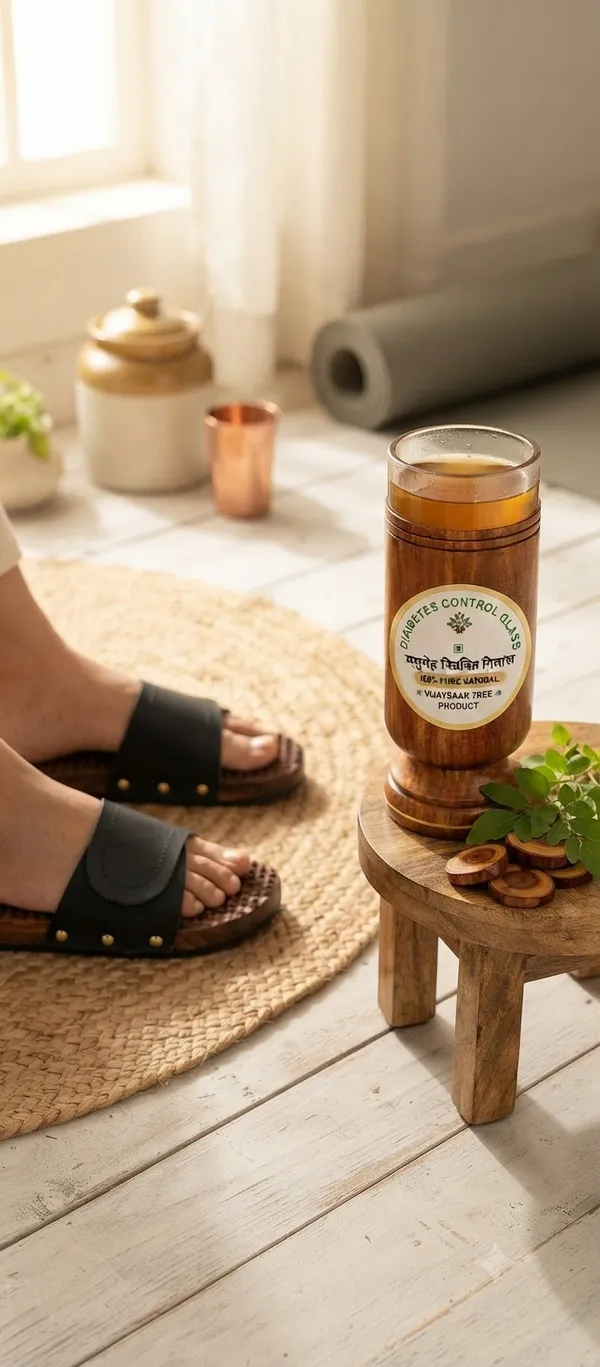 Neemsar_Vijaysaar_Wooden_Wellness_Combo_–_Diabetes_Control_Glass_&_Wooden_Acupressure_Slippers_|_Natural_Traditional_Wellness_Products