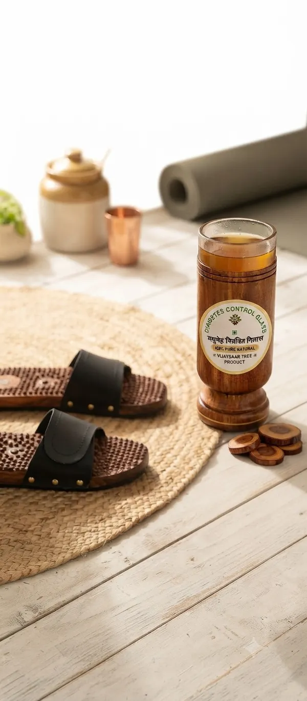 Neemsar_Vijaysaar_Wooden_Wellness_Combo_–_Diabetes_Control_Glass_&_Wooden_Acupressure_Slippers_|_Natural_Traditional_Wellness_Products