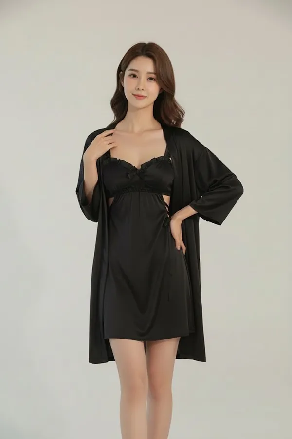 Women's_Black_Satin_Nighty_with_Robe_Short_Nightwear_Set,_Soft_Comfortable_Sleepwear