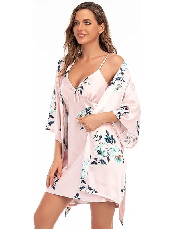 Women's_Pink_Satin_Printed_Nighty_with_Robe_Soft_Comfortable_Short_Nightwear_Set,_Stylish_Sleepwear