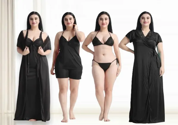 Women's_Black_Nightwear_Set_5_Piece_Satin_Sleepwear_Combo_(Nighty,_Robe,_Shorts_Set_&_Inner)