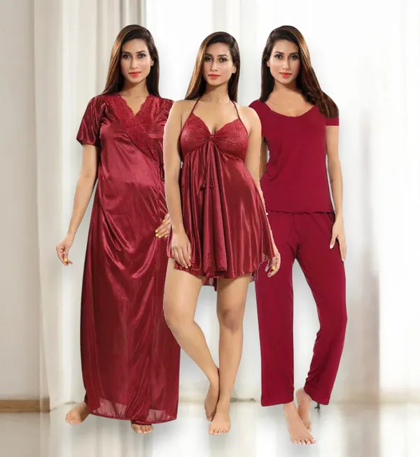 Women_Maroon_Nightwear_Combo_3_Piece_Sleepwear_Set_(Nighty,_Short_Dress_&_Top_Pant)