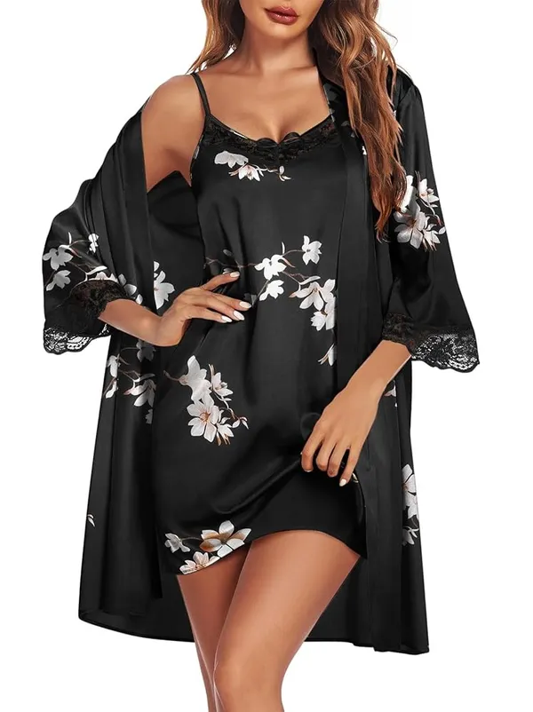 Women's_Black_Satin_Floral_Nighty_with_Robe_Soft_Comfortable_Short_Nightwear_Set,_Stylish_Sleepwear