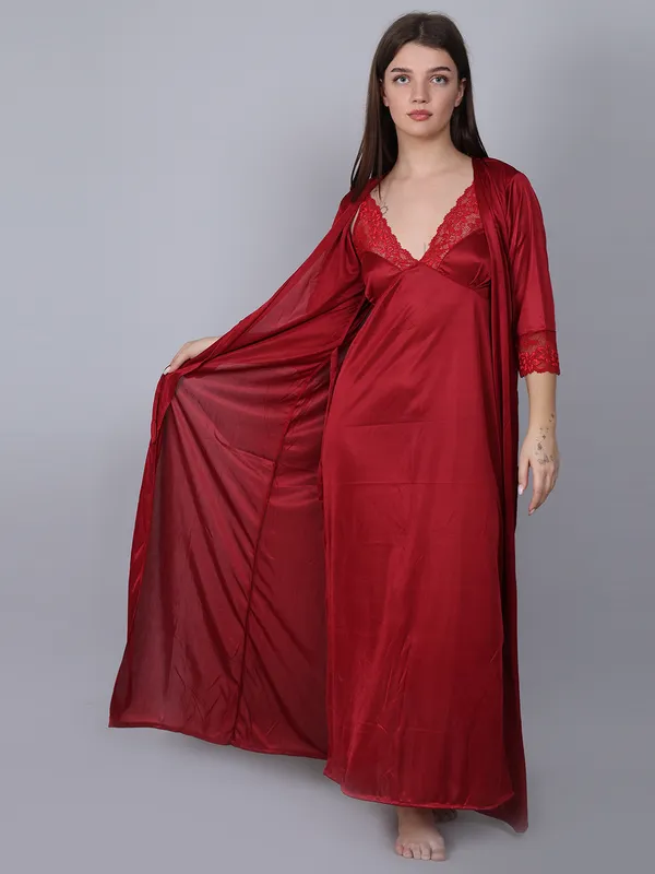 Women's_Maroon_Satin_Nighty_with_Lace_&_Robe_Premium_Long_Nightwear_Set,_Soft_Comfortable_Sleepwear