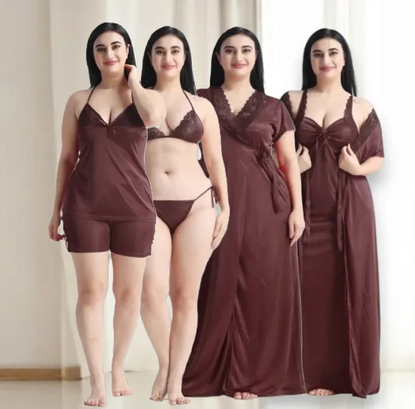 Women's_Coffee_Nightwear_Set_5_Piece_Satin_Sleepwear_Combo_(Nighty,_Robe,_Shorts_Set_&_Inner)