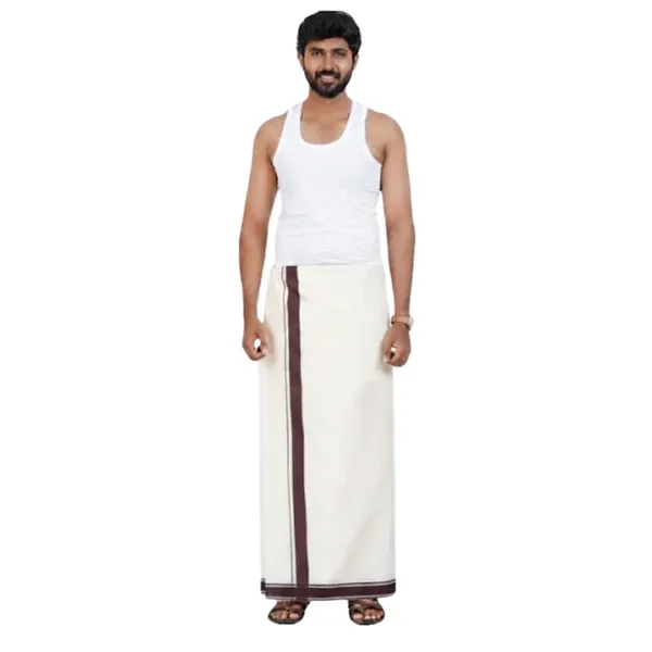 Brown_Kolikodan_Colour_Border_Dhoti_for_Men_|_Pure_Cotton_2_Meter_Traditional_Wear_|_Elegant_South_Indian_Veshti_with_Classic_Border_for_Rituals,_Functions_&_Daily_Comfort