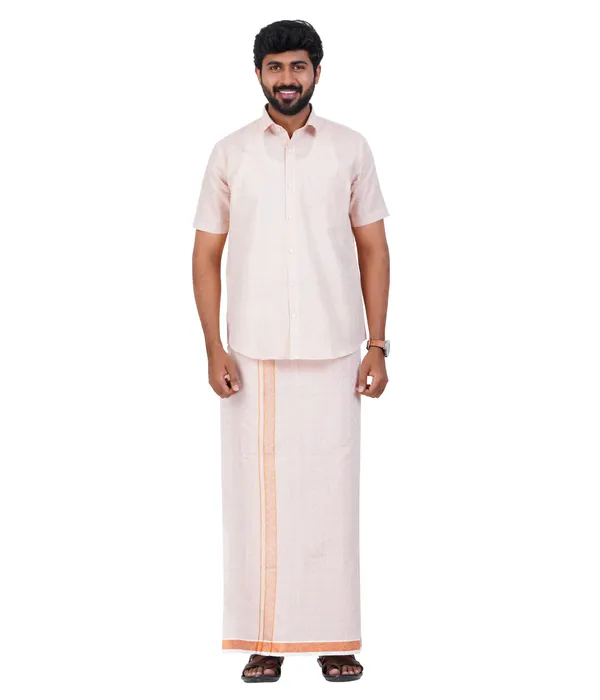 JAYRAAJ_Men’s_Copper_Art_Silk_Shirt_&_Dhoti_Set_|_Half_Sleeve_Shirt_with_2Mtr_Dhoti_|_Embossed_Border_&_All-Over_Design_|_Wedding,_Temple_&_Festive