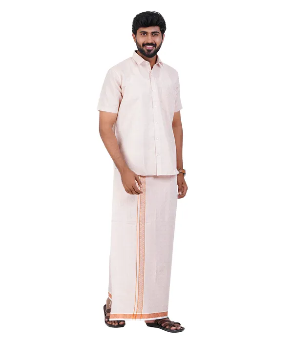 JAYRAAJ_Men’s_Copper_Art_Silk_Shirt_&_Dhoti_Set_|_Half_Sleeve_Shirt_with_2Mtr_Dhoti_|_Embossed_Border_&_All-Over_Design_|_Wedding,_Temple_&_Festive