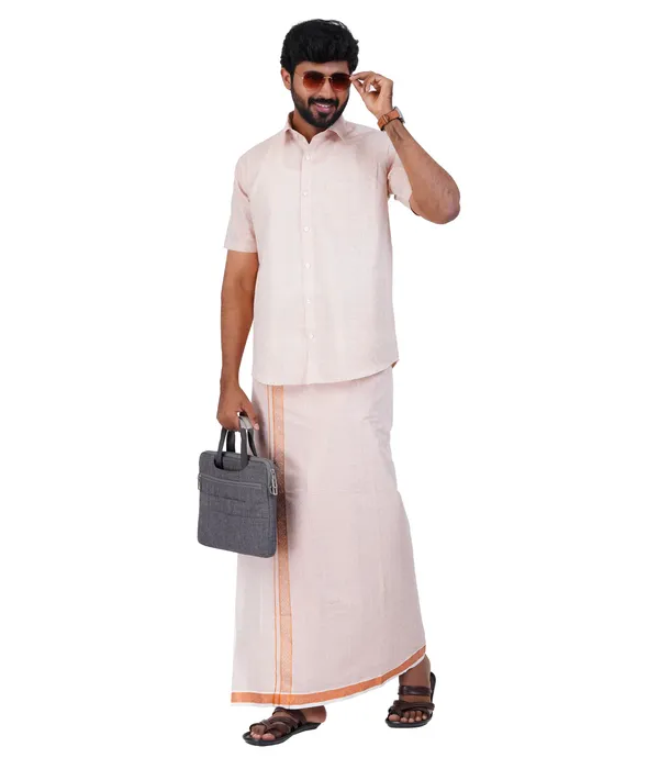 JAYRAAJ_Men’s_Copper_Art_Silk_Shirt_&_Dhoti_Set_|_Half_Sleeve_Shirt_with_2Mtr_Dhoti_|_Embossed_Border_&_All-Over_Design_|_Wedding,_Temple_&_Festive