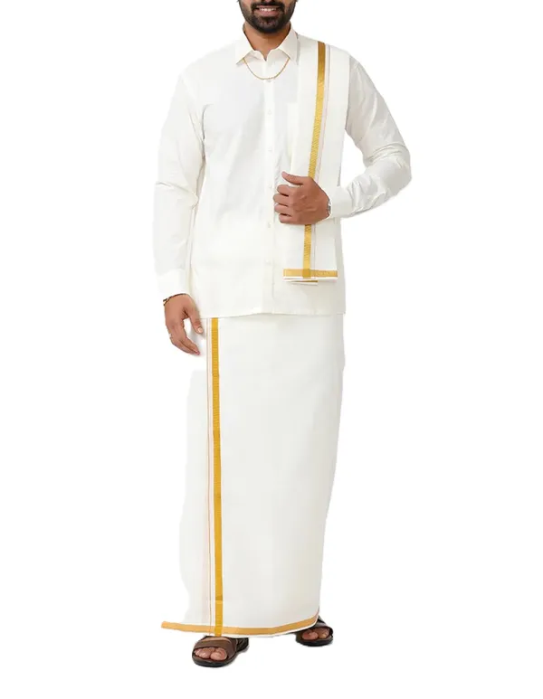 JAYRAAJ_Men’s_Ivory_Shubmangalam_dhoti_set_,Dhoti_&_Towel_Set_|_Full_Sleeve_Shirt_with_2Mtr_Dhoti_|_Border_&_All-Over_Design_|_Wedding,_Temple_&_Festive