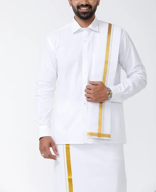 JAYRAAJ_Men’s_White_Shubmangalam_dhoti_set_,Dhoti_&_Towel_Set_|_Full_Sleeve_Shirt_with_2Mtr_Dhoti_|_Border_&_All-Over_Design_|_Wedding,_Temple_&_Festive