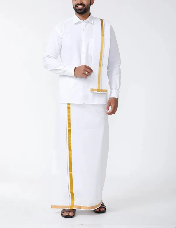 JAYRAAJ_Men’s_White_Shubmangalam_dhoti_set_,Dhoti_&_Towel_Set_|_Full_Sleeve_Shirt_with_2Mtr_Dhoti_|_Border_&_All-Over_Design_|_Wedding,_Temple_&_Festive
