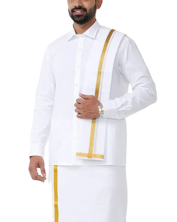 JAYRAAJ_Men’s_White_Shubmangalam_dhoti_set_,Dhoti_&_Towel_Set_|_Full_Sleeve_Shirt_with_2Mtr_Dhoti_|_Border_&_All-Over_Design_|_Wedding,_Temple_&_Festive
