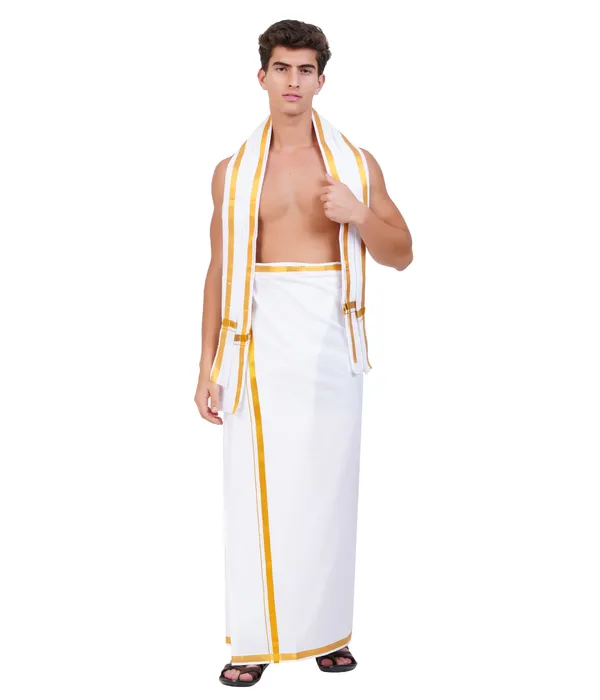 Men’s_White_Cotton_Velcro_Dhoti_with_Gold_Jari_Border_&_Towel_|_Traditional_Ethnic_Wear_|_Comfortable_Wrap_for_Daily_&_Festive_Use