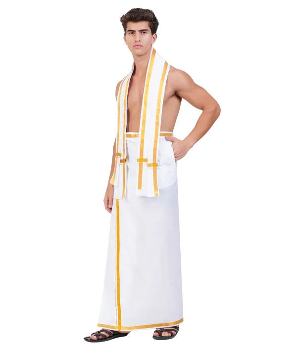 Men’s_White_Cotton_Velcro_Dhoti_with_Gold_Jari_Border_&_Towel_|_Traditional_Ethnic_Wear_|_Comfortable_Wrap_for_Daily_&_Festive_Use