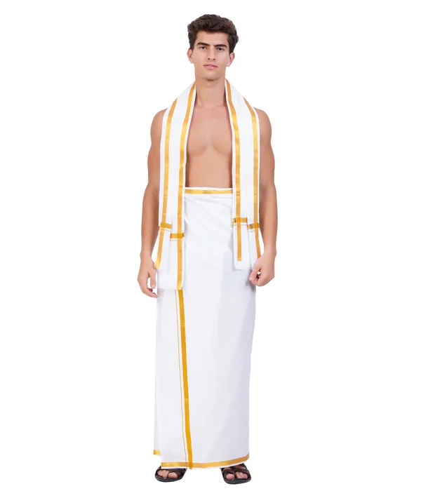 Men’s_White_Cotton_Velcro_Dhoti_with_Gold_Jari_Border_&_Towel_|_Traditional_Ethnic_Wear_|_Comfortable_Wrap_for_Daily_&_Festive_Use