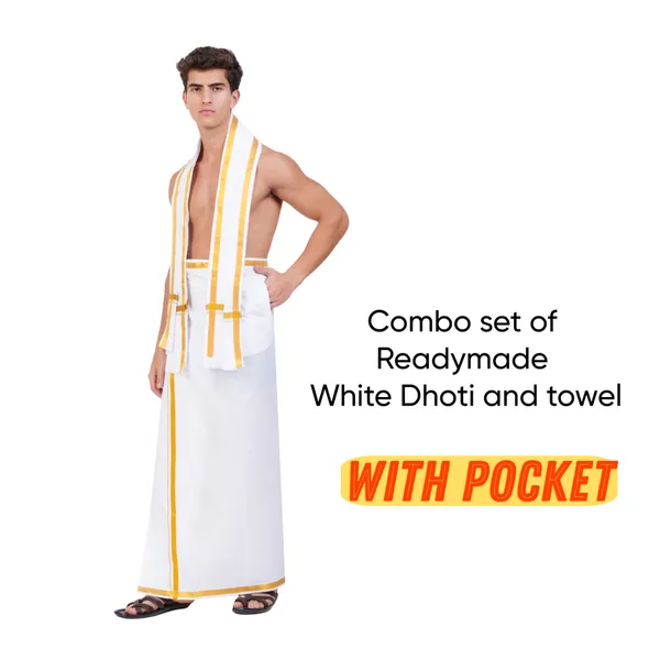 Men’s_White_Cotton_Velcro_Dhoti_with_Gold_Jari_Border_&_Towel_|_Traditional_Ethnic_Wear_|_Comfortable_Wrap_for_Daily_&_Festive_Use