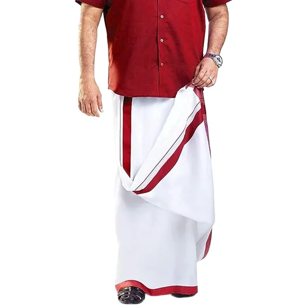 JAYRAAJ_White_Double_Dhoti_with_Colour_Fancy_Border_(1.25_inches)_for_Men_|_4_Meter_|_100%_Cotton_Traditional_Veshti/Mundu/Lungi_|_Lightweight_Breathable_Ethnic_Wear_for_Festive_Wedding_Cultural_and_Daily_Comfort_Use