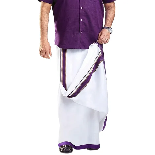 JAYRAAJ_White_Double_Dhoti_with_Colour_Fancy_Border_(1.25_inches)_for_Men_|_4_Meter_|_100%_Cotton_Traditional_Veshti/Mundu/Lungi_|_Lightweight_Breathable_Ethnic_Wear_for_Festive_Wedding_Cultural_and_Daily_Comfort_Use