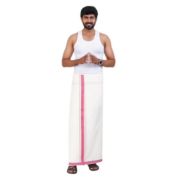 LightPink_Kolikodan_Colour_Border_Dhoti_for_Men_|_Pure_Cotton_2_Meter_Traditional_Wear_|_Elegant_South_Indian_Veshti_with_Classic_Border_for_Rituals,_Functions_&_Daily_Comfort