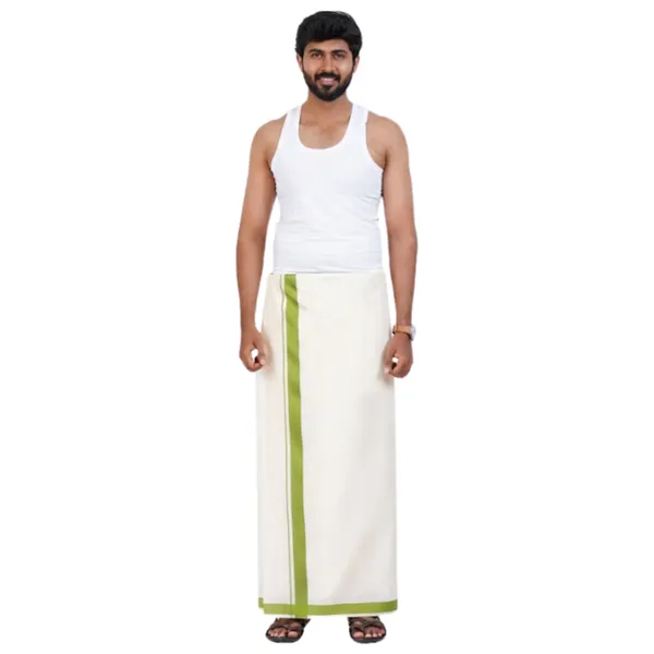 Light_Green_Kolikodan_Colour_Border_Dhoti_for_Men_|_Pure_Cotton_2_Meter_Traditional_Wear_|_Elegant_South_Indian_Veshti_with_Classic_Border_for_Rituals,_Functions_&_Daily_Comfort