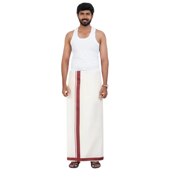 Maroon_Kolikodan_Colour_Border_Dhoti_for_Men_|_Pure_Cotton_2_Meter_Traditional_Wear_|_Elegant_South_Indian_Veshti_with_Classic_Border_for_Rituals,_Functions_&_Daily_Comfort