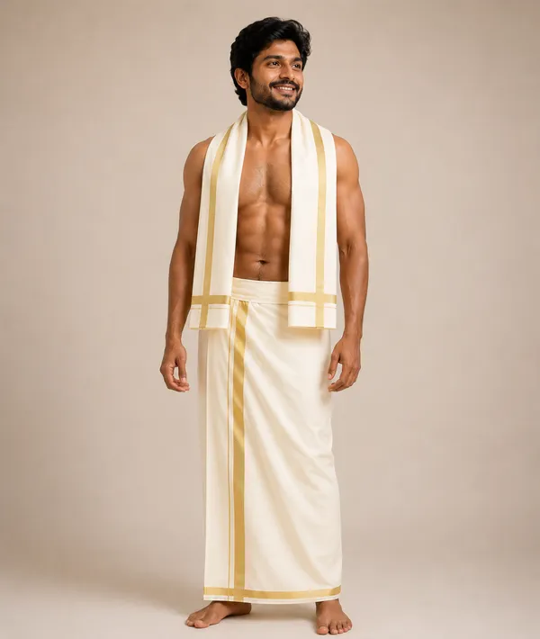 Men’s_Single_Cream_PolyCotton_Dhoti_with_Gold_Jari_Border_&_Towel_|_Traditional_Ethnic_Wear_|_Comfortable_Wrap_for_Daily_&_Festive_Use