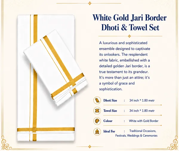 Men’s_Single_White_Cotton_Dhoti_with_Gold_Jari_Border_&_Towel_|_Traditional_Ethnic_Wear_|_Comfortable_Wrap_for_Daily_&_Festive_Use