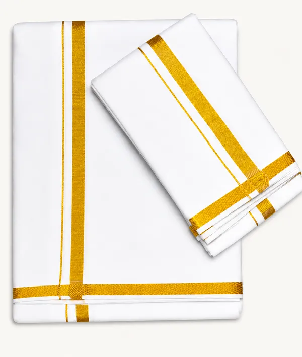 Men’s_Single_White_Cotton_Dhoti_with_Gold_Jari_Border_&_Towel_|_Traditional_Ethnic_Wear_|_Comfortable_Wrap_for_Daily_&_Festive_Use