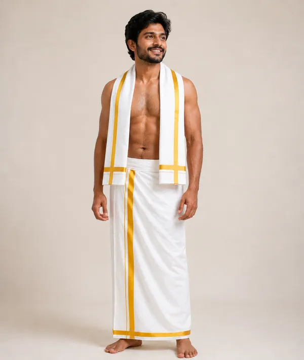 Men’s_Single_White_Cotton_Dhoti_with_Gold_Jari_Border_&_Towel_|_Traditional_Ethnic_Wear_|_Comfortable_Wrap_for_Daily_&_Festive_Use