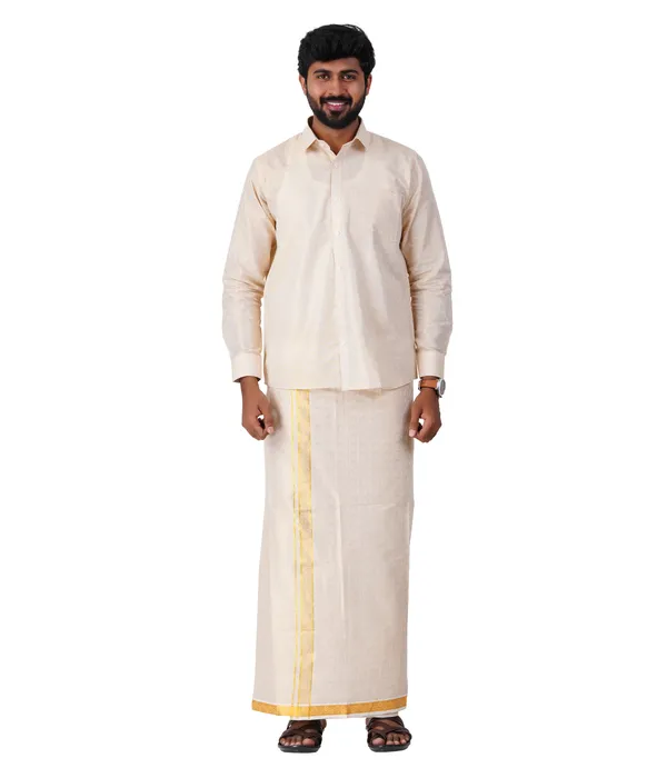 JAYRAAJ_Men’s_Wedding_Collection_Art_Silk_Shirt_&_Dhoti_Set_|_Gold_Full_Sleeve_Shirt_with_2Mtr_Dhoti_|_Embossed_Border_|_Traditional_South_Indian_Wedding