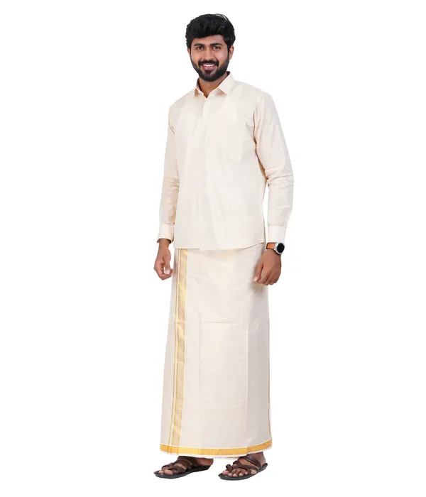 JAYRAAJ_Men’s_Wedding_Collection_Art_Silk_Shirt_&_Dhoti_Set_|_Gold_Full_Sleeve_Shirt_with_2Mtr_Dhoti_|_Embossed_Border_|_Traditional_South_Indian_Wedding