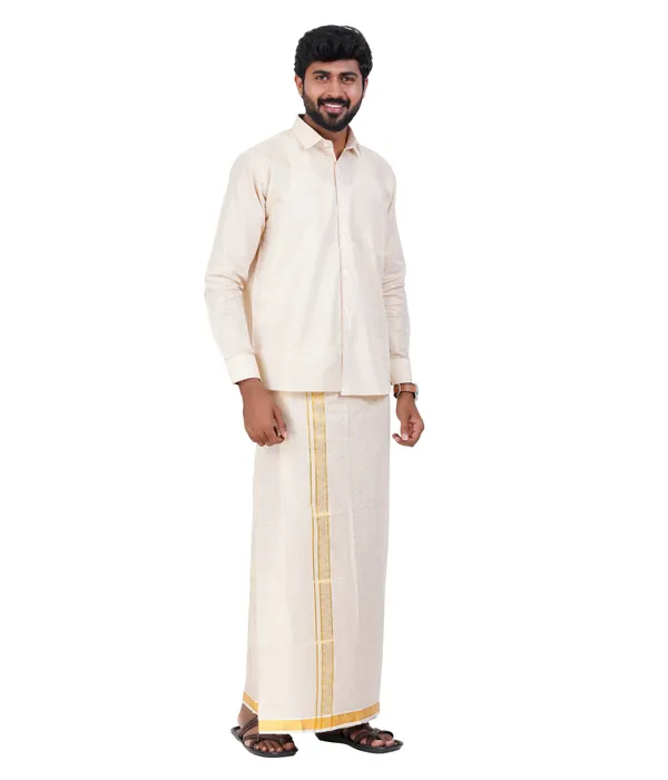 JAYRAAJ_Men’s_Wedding_Collection_Art_Silk_Shirt_&_Dhoti_Set_|_Gold_Full_Sleeve_Shirt_with_2Mtr_Dhoti_|_Embossed_Border_|_Traditional_South_Indian_Wedding
