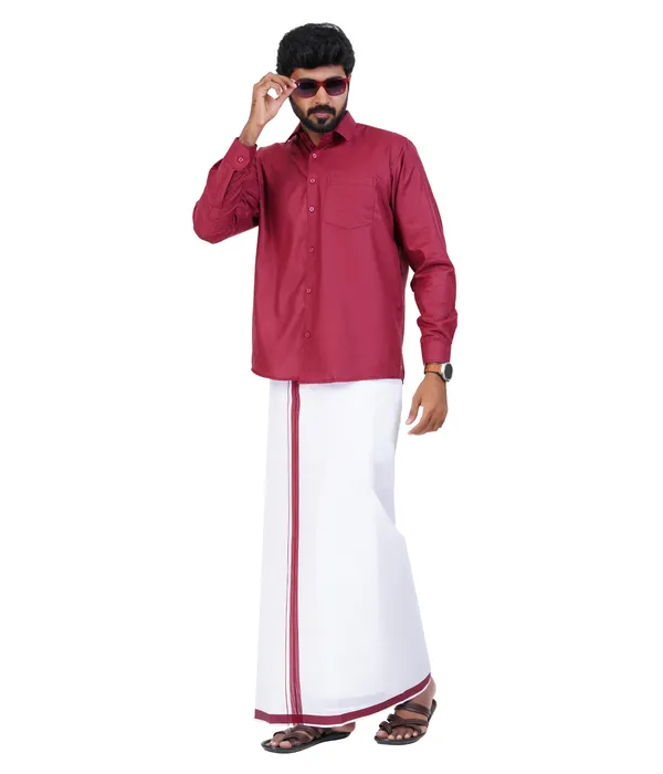 Premium_Cotton_Blend_Dhoti_Set_for_Men_with_Matching_Shirt_|_Maroon_|_Traditional_South_Indian_Ethnic_Wear_|_Breathable_Comfortable_Festive_&_Daily_Wear_by_JAYRAAJ