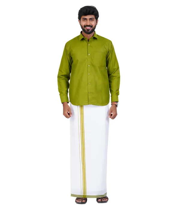 Premium_Cotton_Blend_Dhoti_Set_for_Men_with_Matching_Shirt_|_Mehandi_Green_|_Traditional_South_Indian_Ethnic_Wear_|_Breathable_Comfortable_Festive_&_Daily_Wear_by_JAYRAAJ