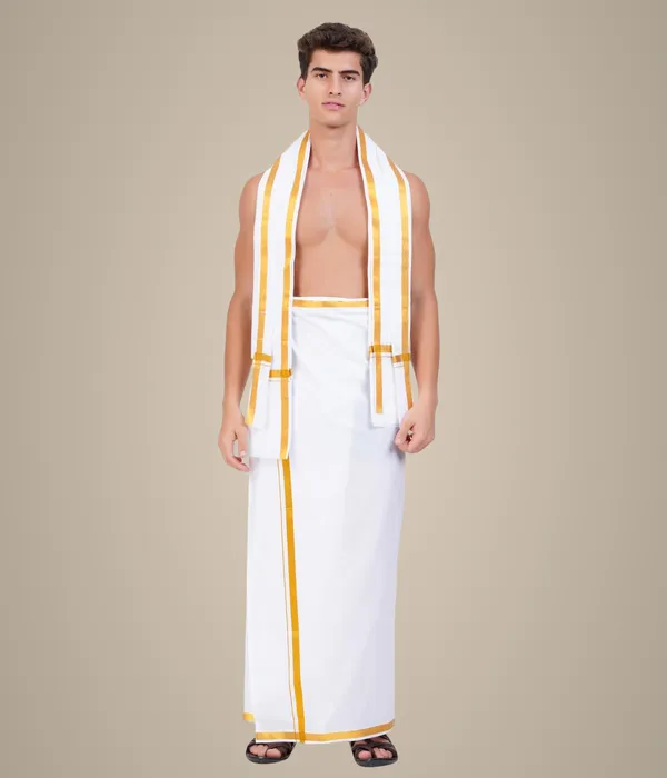 Men’s_White_Cotton_Dhoti_with_Gold_Jari_Border_&_Towel_|_Traditional_Ethnic_Wear_|_Comfortable_Wrap_for_Daily_&_Festive_Use