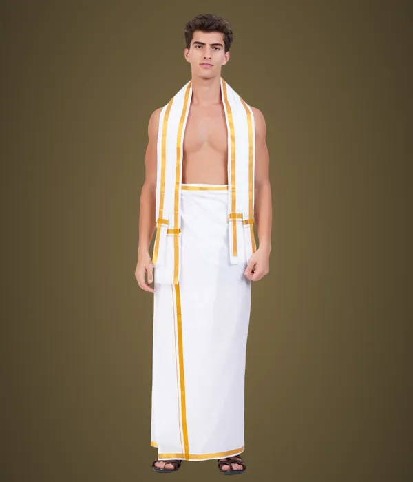 Men’s_White_Cotton_Dhoti_with_Gold_Jari_Border_&_Towel_|_Traditional_Ethnic_Wear_|_Comfortable_Wrap_for_Daily_&_Festive_Use