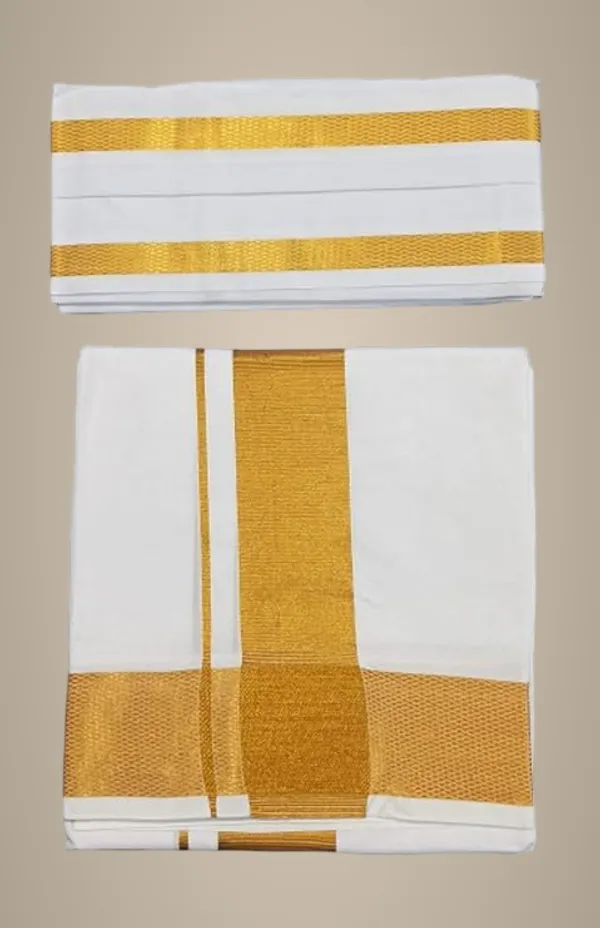 Men’s_Single_White_Dhoti_with_BIG_Gold_Jari_Border_&_Towel_|_Traditional_Ethnic_Wear_|_Comfortable_Wrap_for_Daily_&_Festive_Use