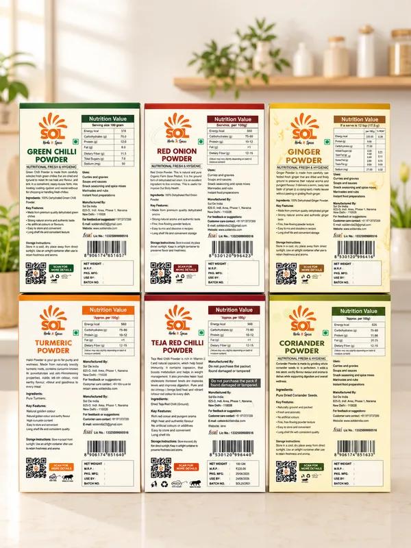 Combo_Of_Spices,_Green_Chilli_Powder,_Turmeric_Powder,_Teja_Red_Chilli_Powder,_Red_Onion_Powder,_Ginger_Powder,_Coriander_Powder