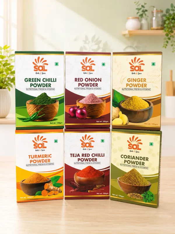 Combo_Of_Spices,_Green_Chilli_Powder,_Turmeric_Powder,_Teja_Red_Chilli_Powder,_Red_Onion_Powder,_Ginger_Powder,_Coriander_Powder