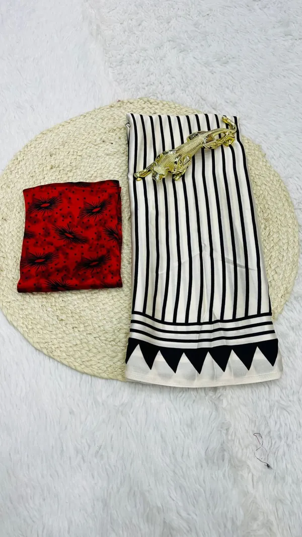 Designer_Black_&_White_Striped_Saree_With_Red_Circle_Motif_And_Red_Floral_Blouse