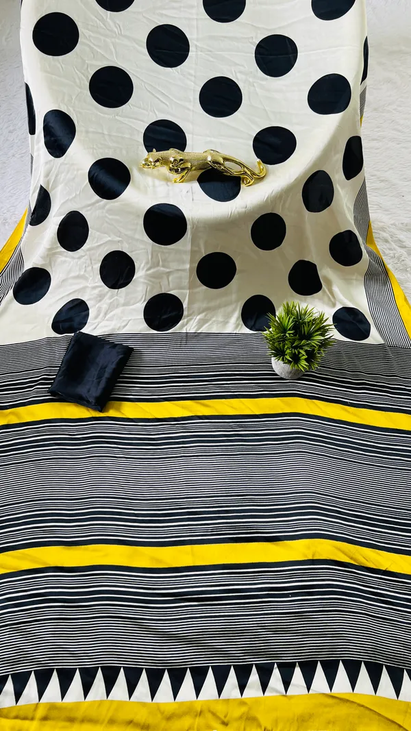 White_And_Black_Polka_Dot_Saree_With_Contrast_Border_And_Yellow_Accent