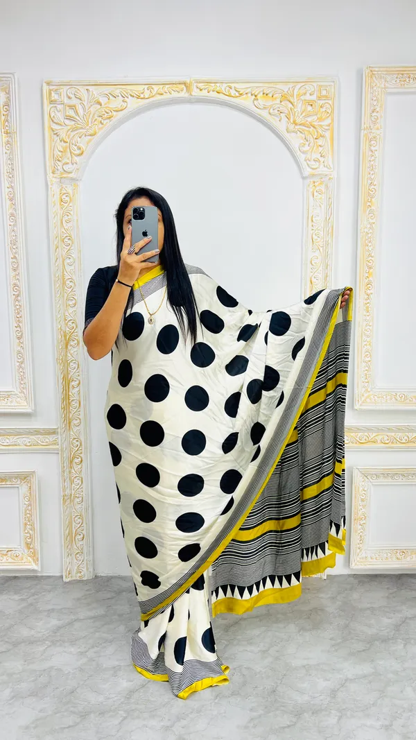 White_And_Black_Polka_Dot_Saree_With_Contrast_Border_And_Yellow_Accent
